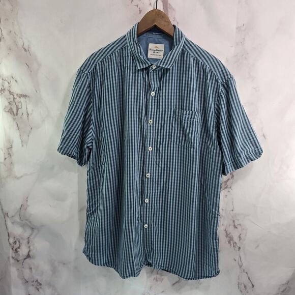 Tommy Bahama Shirt Mens XL Blue Short Sleece Button Up Striped Tencel - Picture 1 of 11